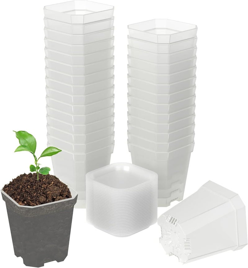 Foxany 3" Clear Nursery Pots, 30 Pcs Thick Plastic Plant Pot, Square Flower Planting Pot, Seedling Planter Seed Starter Pots with Saucers - Image 1